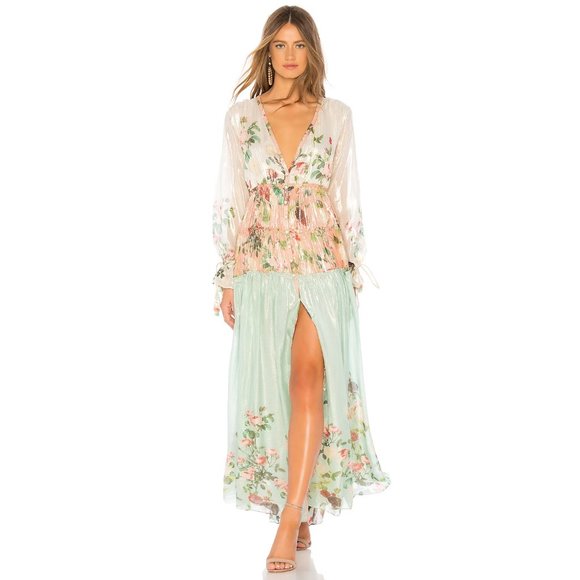 ROCOCO SAND Ruched Long Dress in Shiny Multi Floral